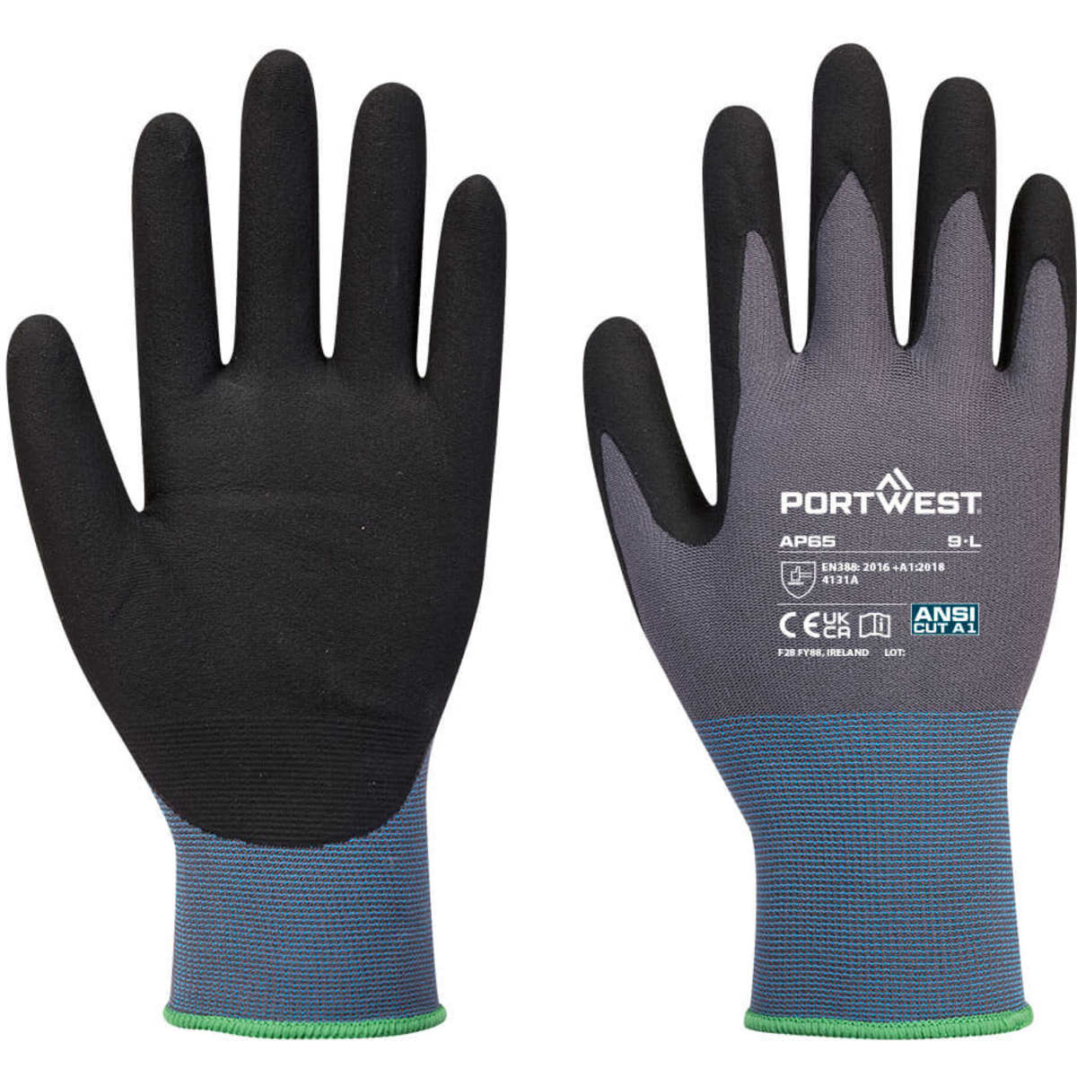 Nitrile foam gloves in black and grey, featuring a snug fit and a logo on the wrist.