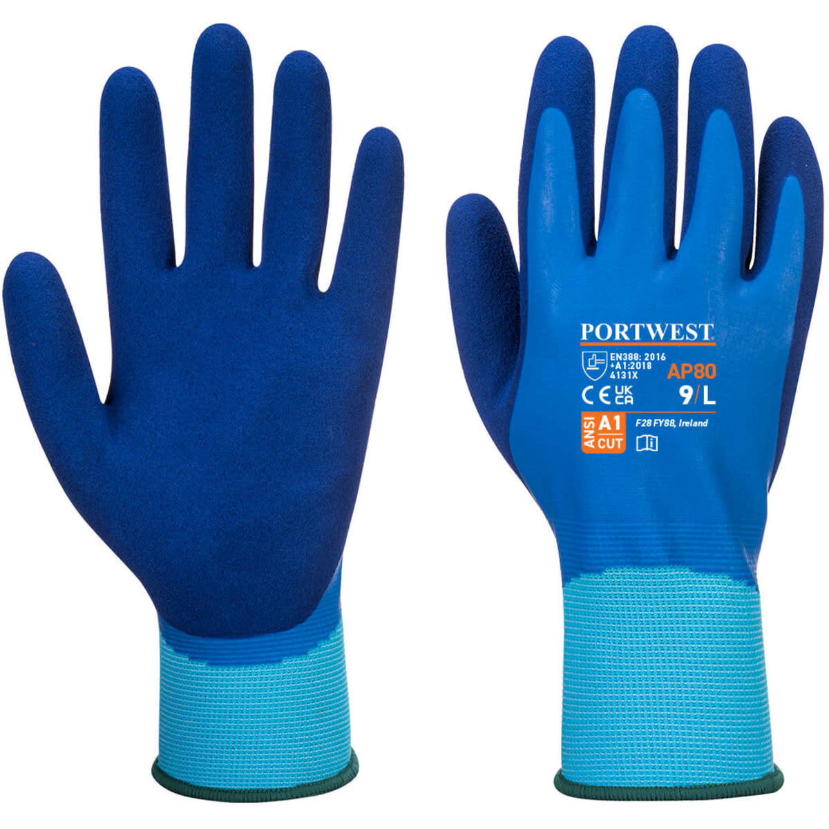 A pair of blue gloves with a textured surface and a green cuff. The gloves have a logo and various markings.
