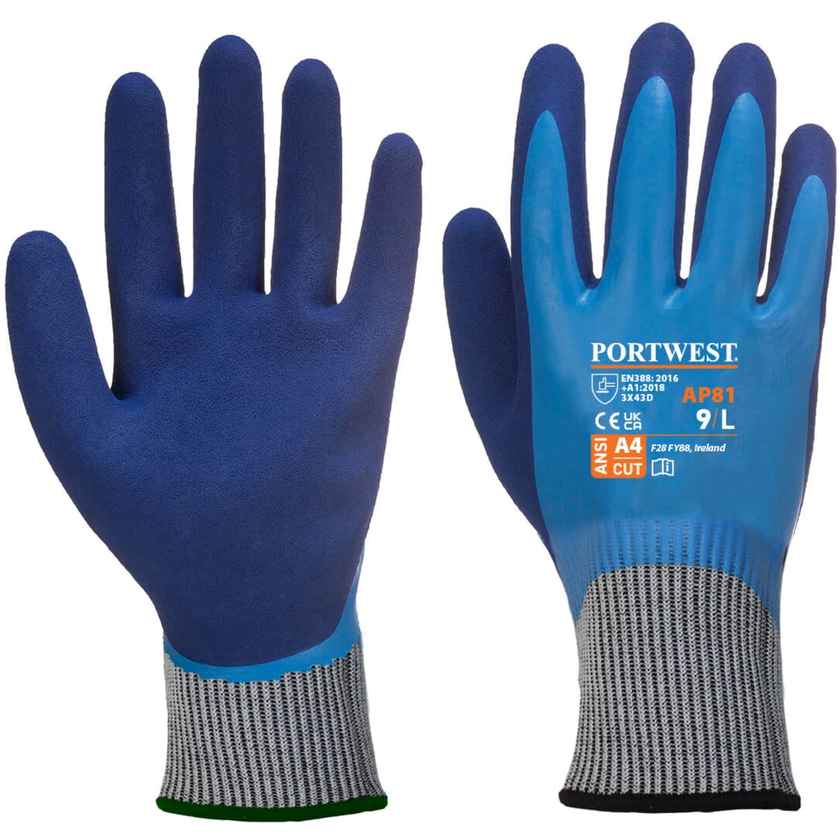 A pair of gloves featuring a blue latex coating and grey knit cuffs, with a visible logo and branding.