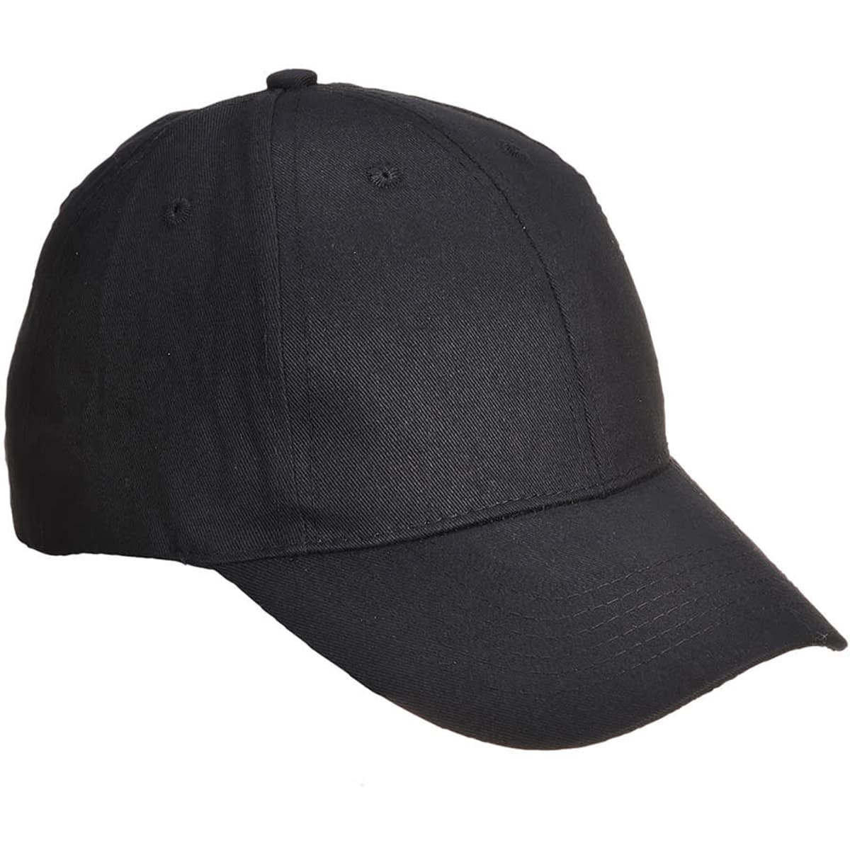 A black six-panel baseball cap with a curved brim and an adjustable strap at the back. It features a logo.