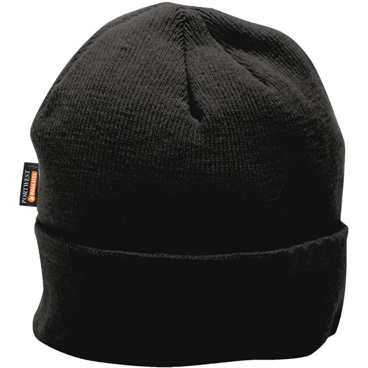 A black knit cap with a folded cuff and a branding tag attached.