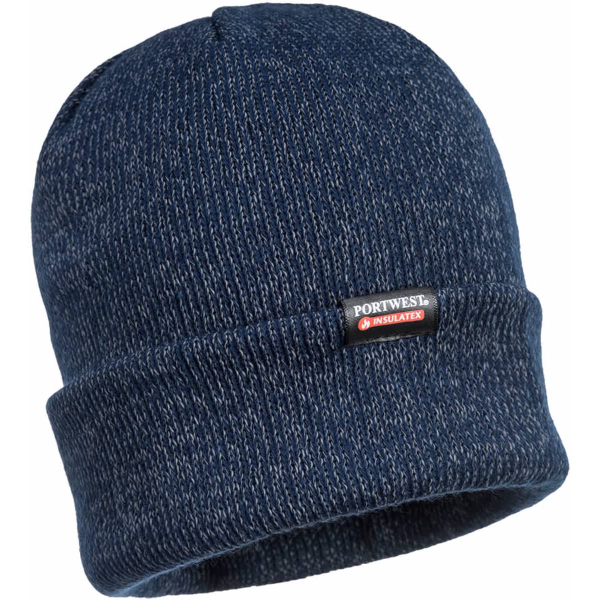 A navy blue knitted beanie featuring a folded cuff and a small logo tag.