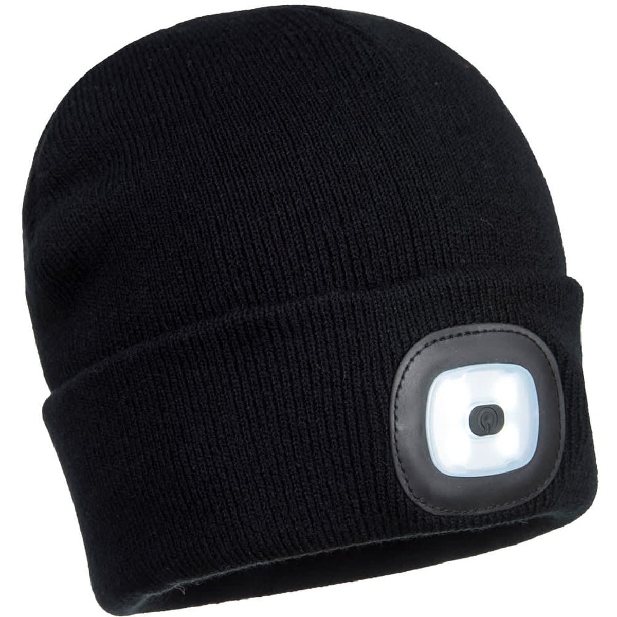 A black rechargeable LED beanie featuring a discreet light panel on the front and a fabric texture.