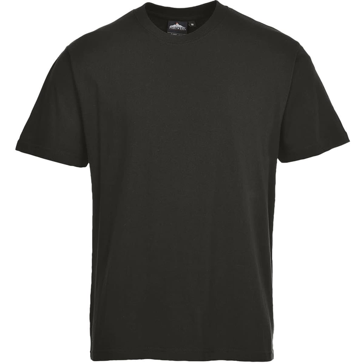 A black premium T-shirt with a round neckline and short sleeves, featuring a brand logo.