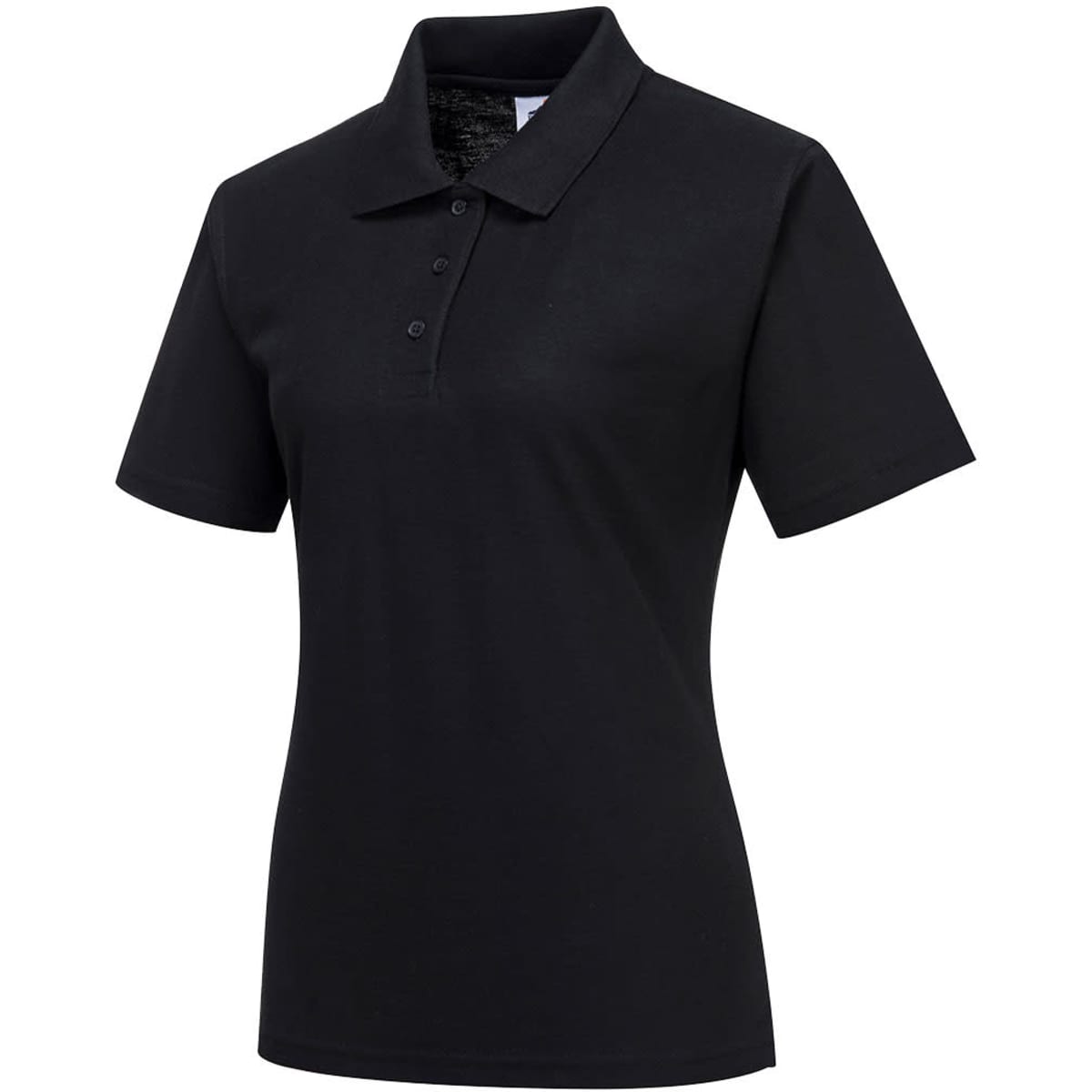 A women's black polo shirt with a collar, short sleeves, and a front button placket, featuring a logo.