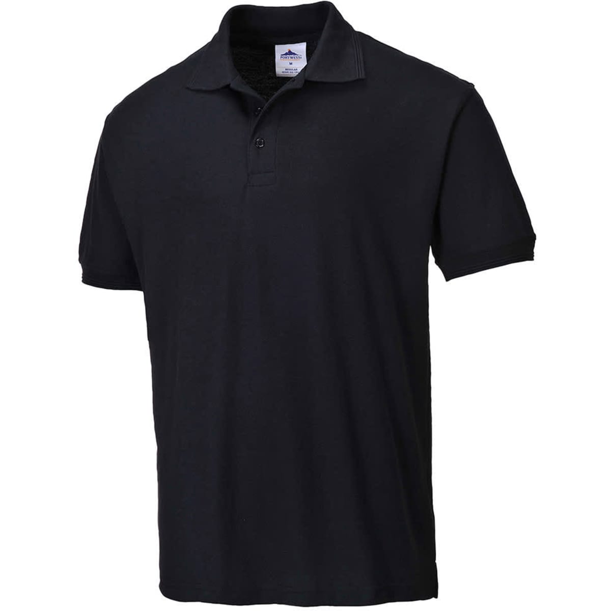 A black polo shirt with a collar and three-button placket. It features a logo on the chest.