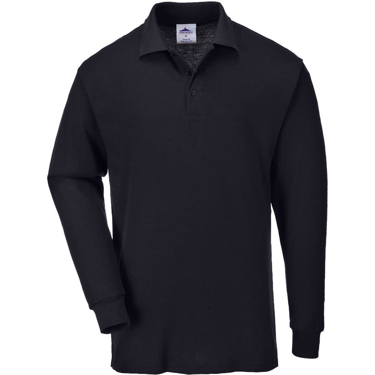 A black long sleeved polo shirt with a collar and a logo on the chest.
