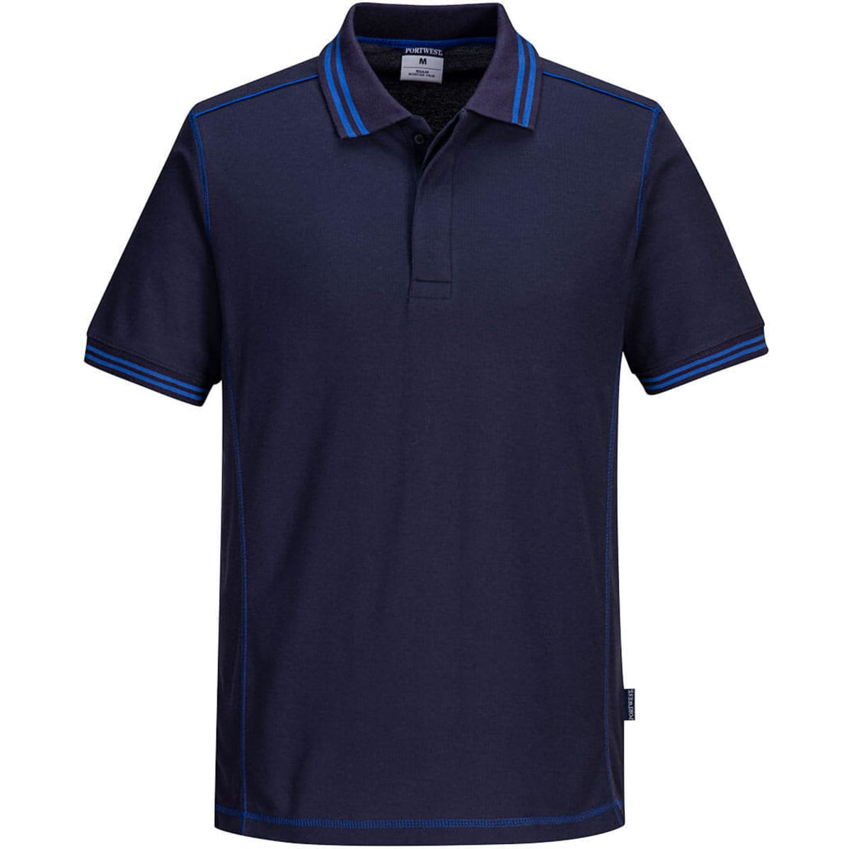A navy polo shirt with blue accents and a collar, featuring a logo on the chest.