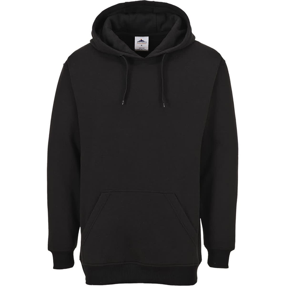 A black hoodie featuring a front pocket and a drawstring hood, with an interior tag and branding.