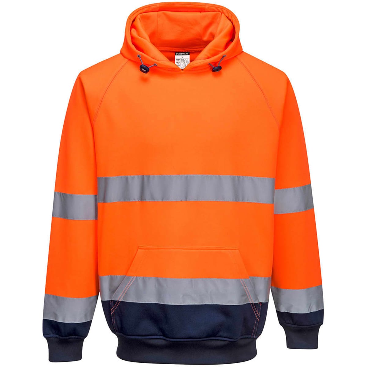 A bright orange hooded sweater with reflective stripes and a navy blue hem, featuring a front pocket and a logo.