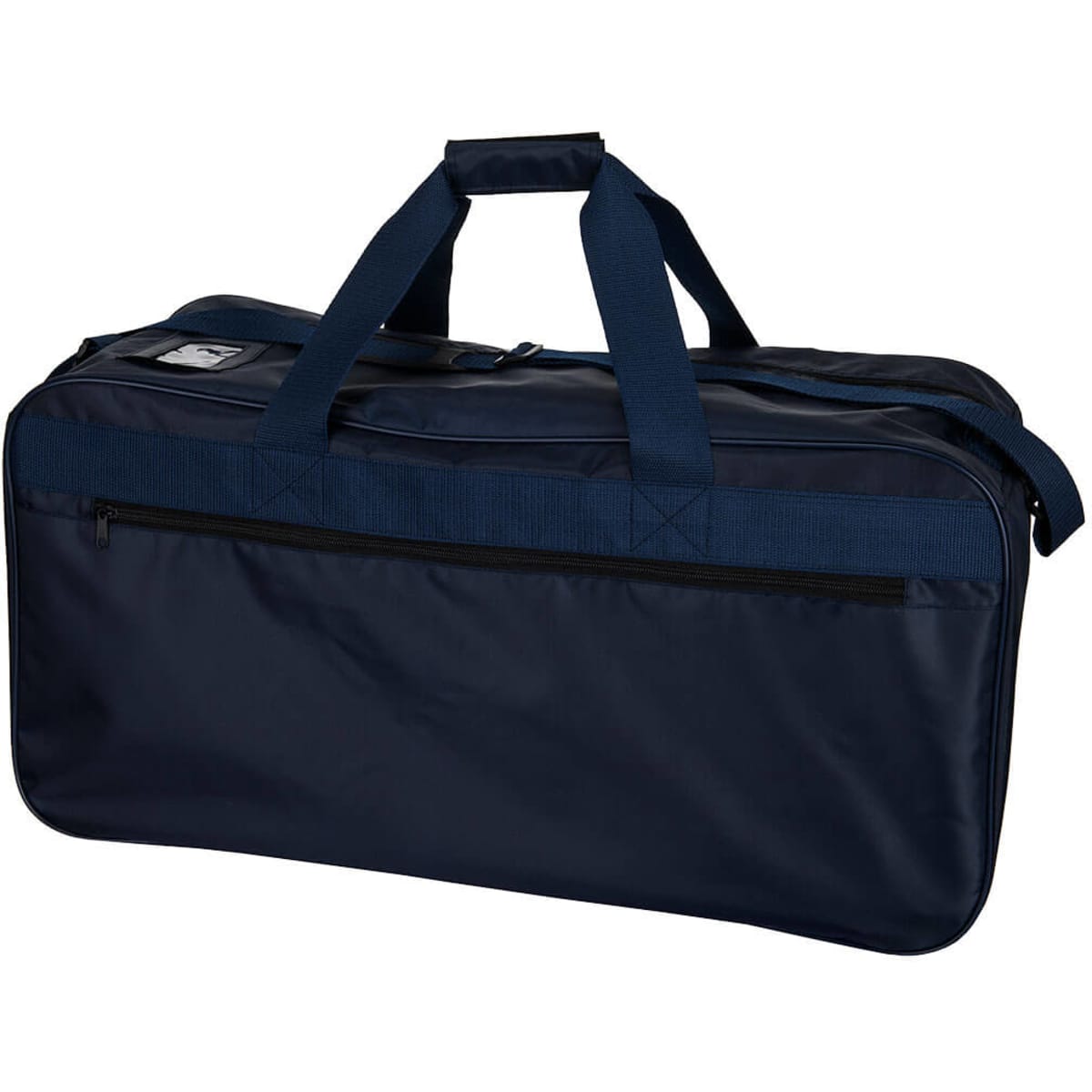 A navy blue duffle bag with handles and a front zip pocket, featuring a logo.