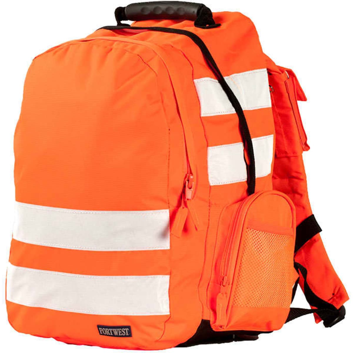 An orange Hi-Vis rucksack with reflective strips, featuring a side pocket and adjustable straps. Includes branding.