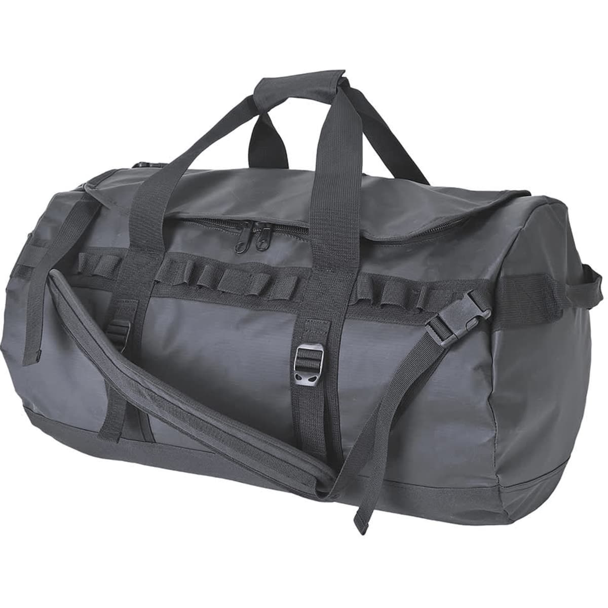A waterproof black PVC holdall with dual handles and an adjustable shoulder strap, featuring a logo.