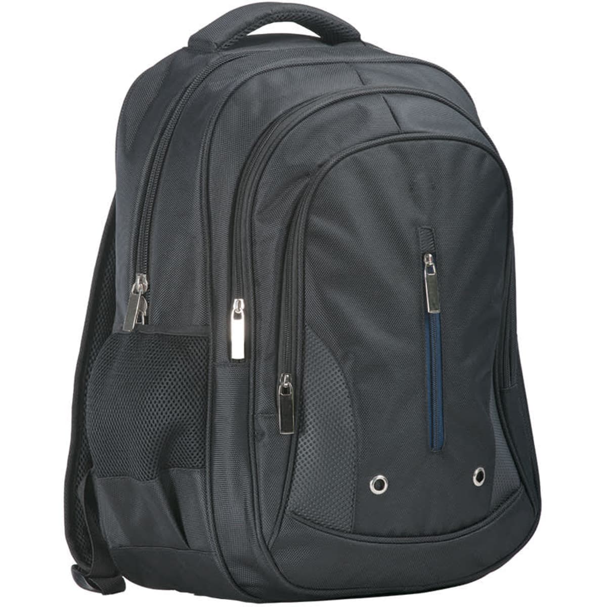 A black triple pocket backpack featuring multiple compartments and a mesh side pocket, with a logo visible.