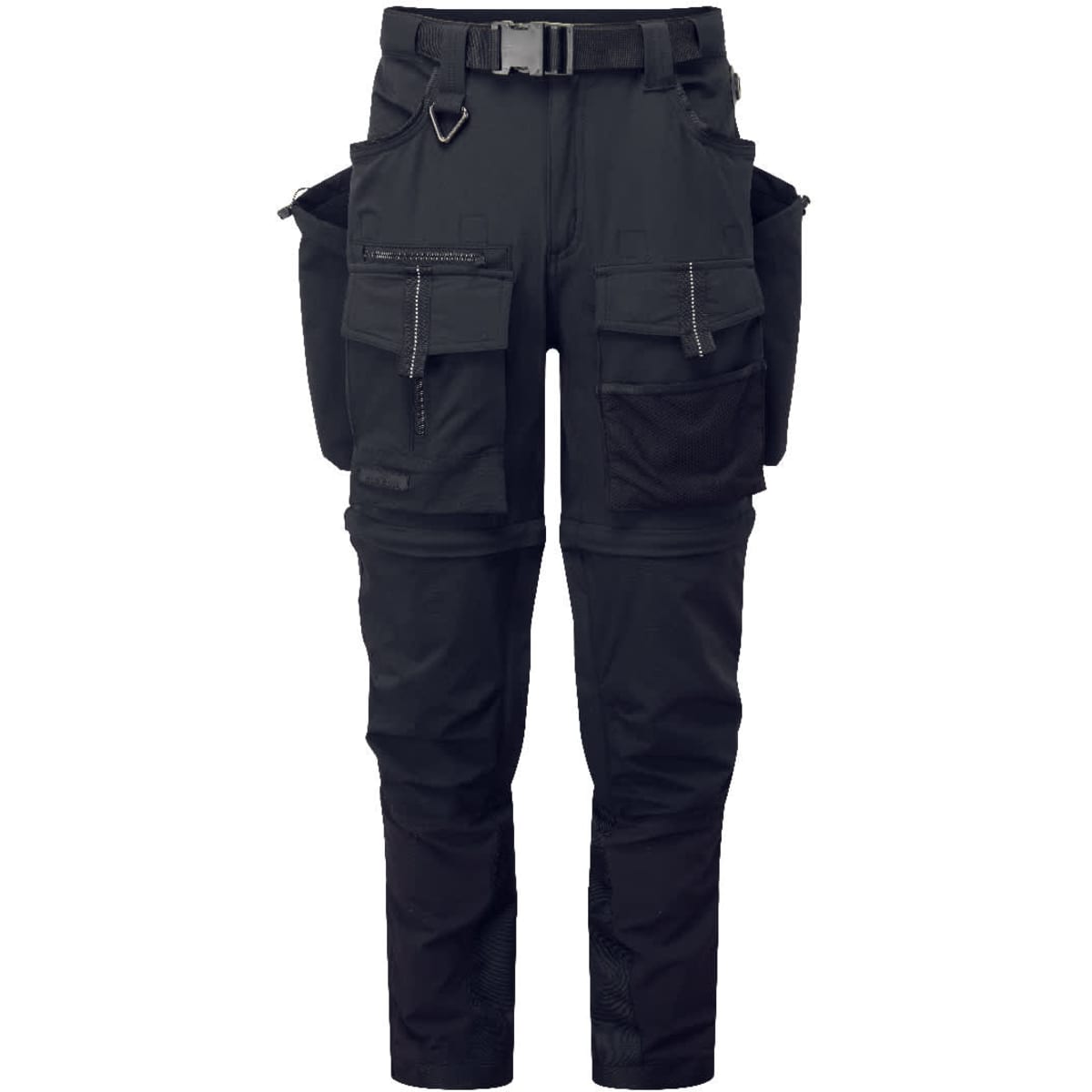 Modular work pants in black, featuring multiple pockets and a belt, designed for versatility and functionality.