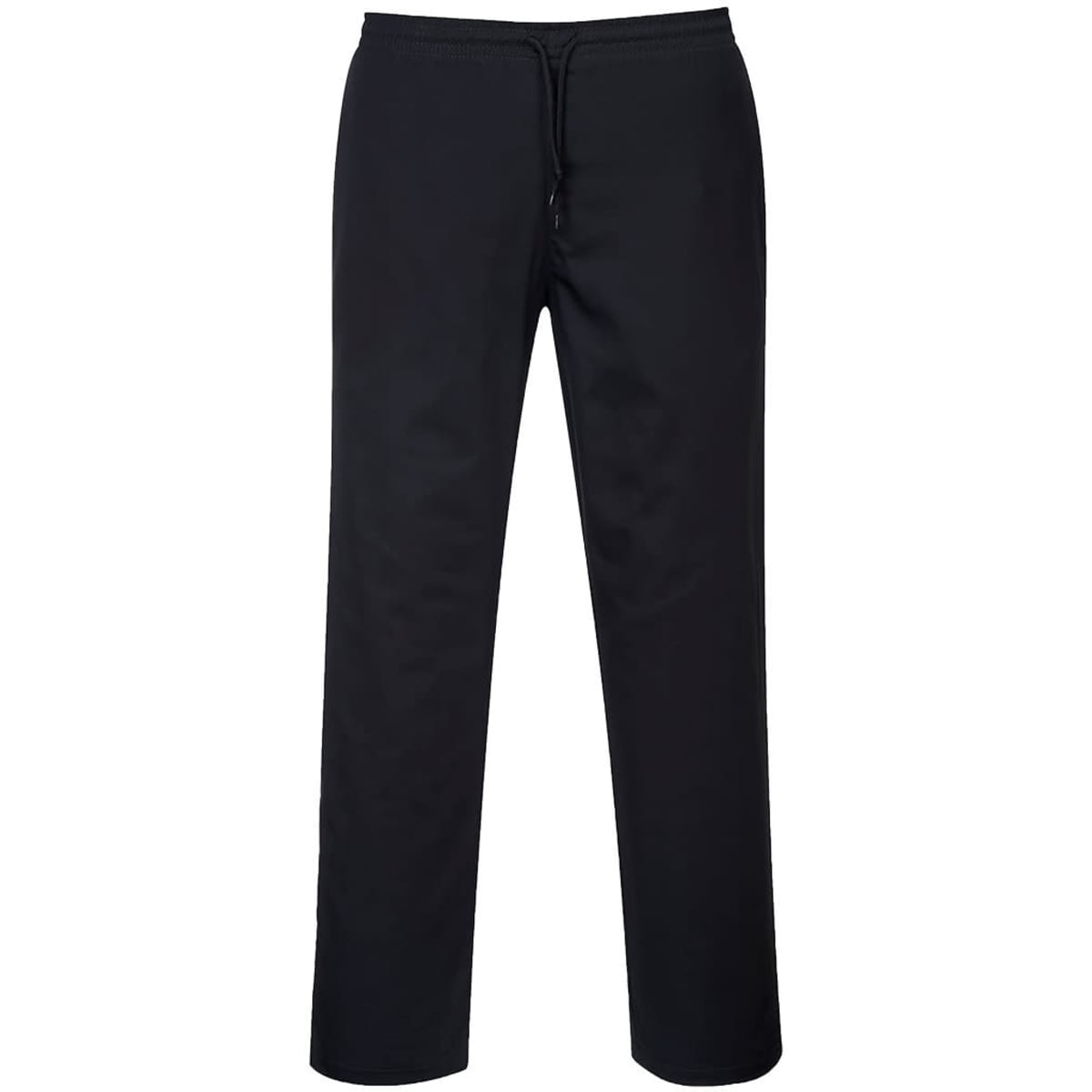 Black drawstring chef trousers with a relaxed fit and an integrated waistband. Features a simple design.