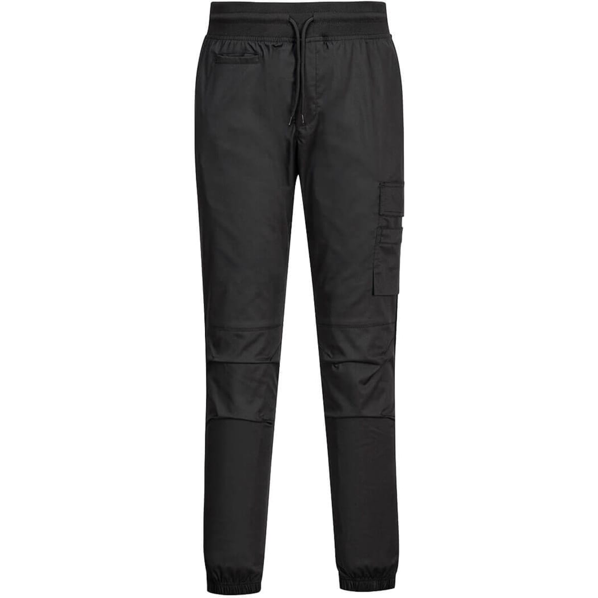 A pair of black jogger pants with a drawstring waist and a cargo pocket on the side.