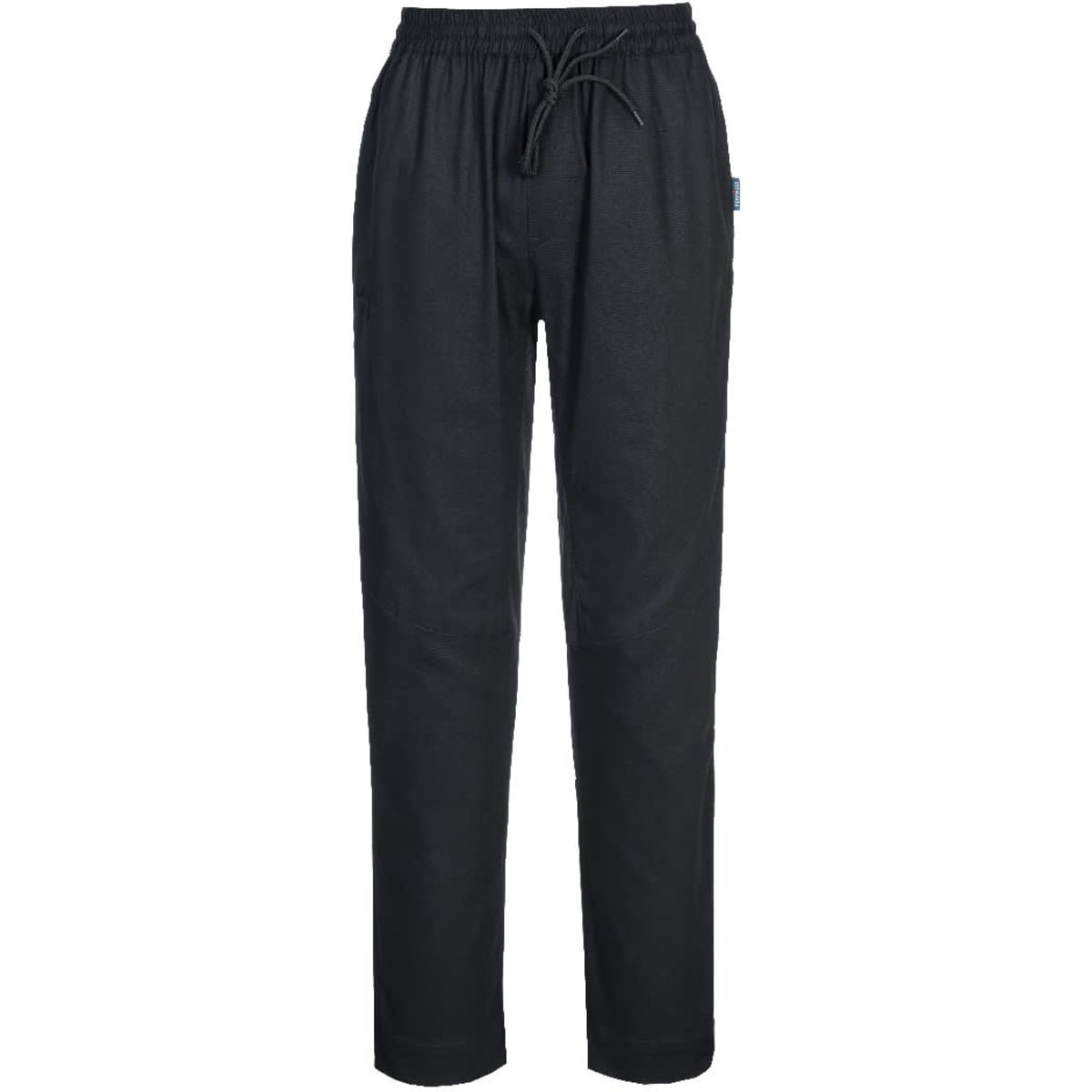 Black Cotton Chef Pants featuring an elastic waistband and drawstring, with a logo on the side.