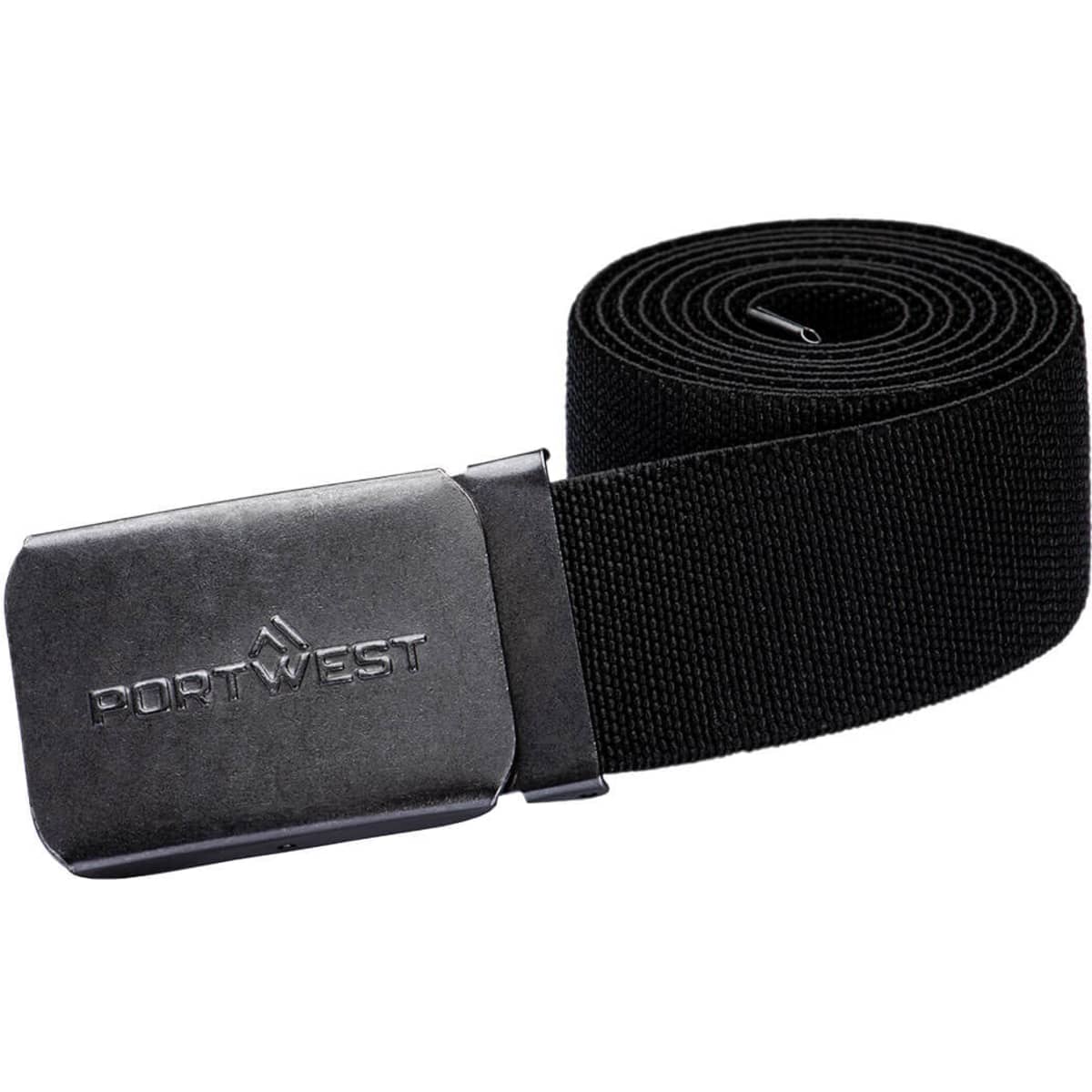 A black stretch webbing belt featuring a metal buckle with a logo. The belt is designed for adjustable fitting.