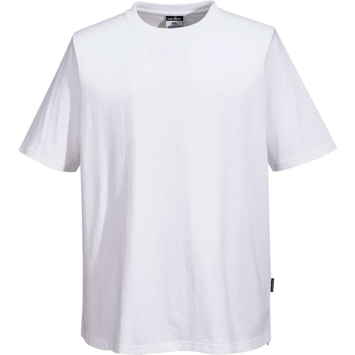 A white short-sleeved cotton t-shirt with a relaxed fit and a logo on the side.