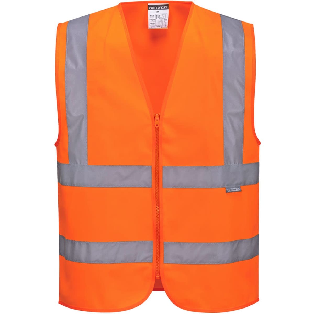 A zipped vest in high-visibility orange with reflective grey stripes and a logo on the front.