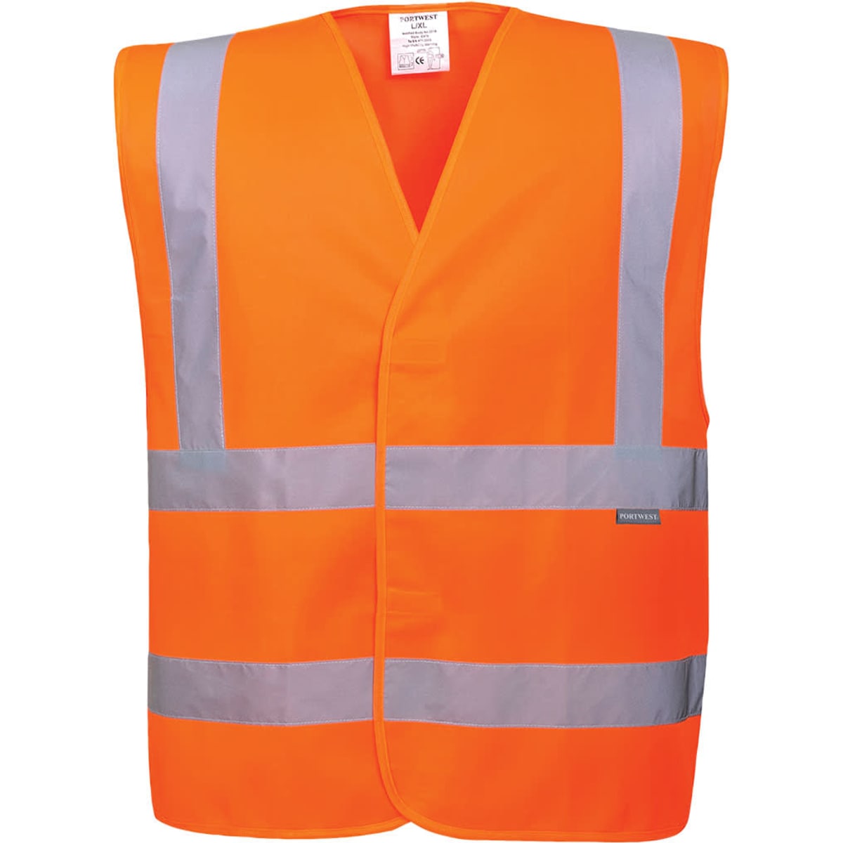 A bright orange safety vest with reflective silver stripes and a logo, designed for visibility in safety wear.