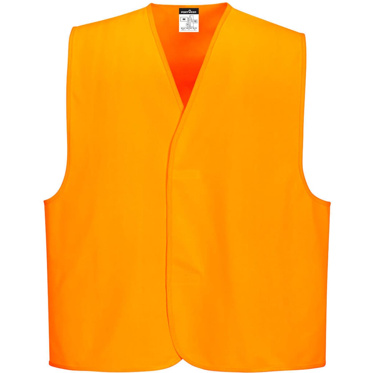 An orange hi-vis vest with a sleeveless design, featuring a simple cut and a label inside.