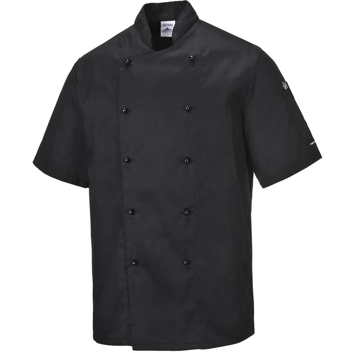 A black chef's jacket featuring short sleeves and double-breasted buttons, with a logo on the sleeve.