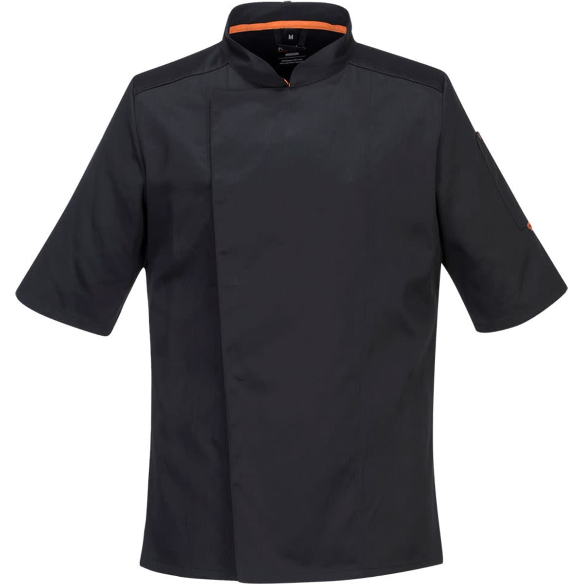 A black short-sleeved chef jacket with orange accents and a side logo.