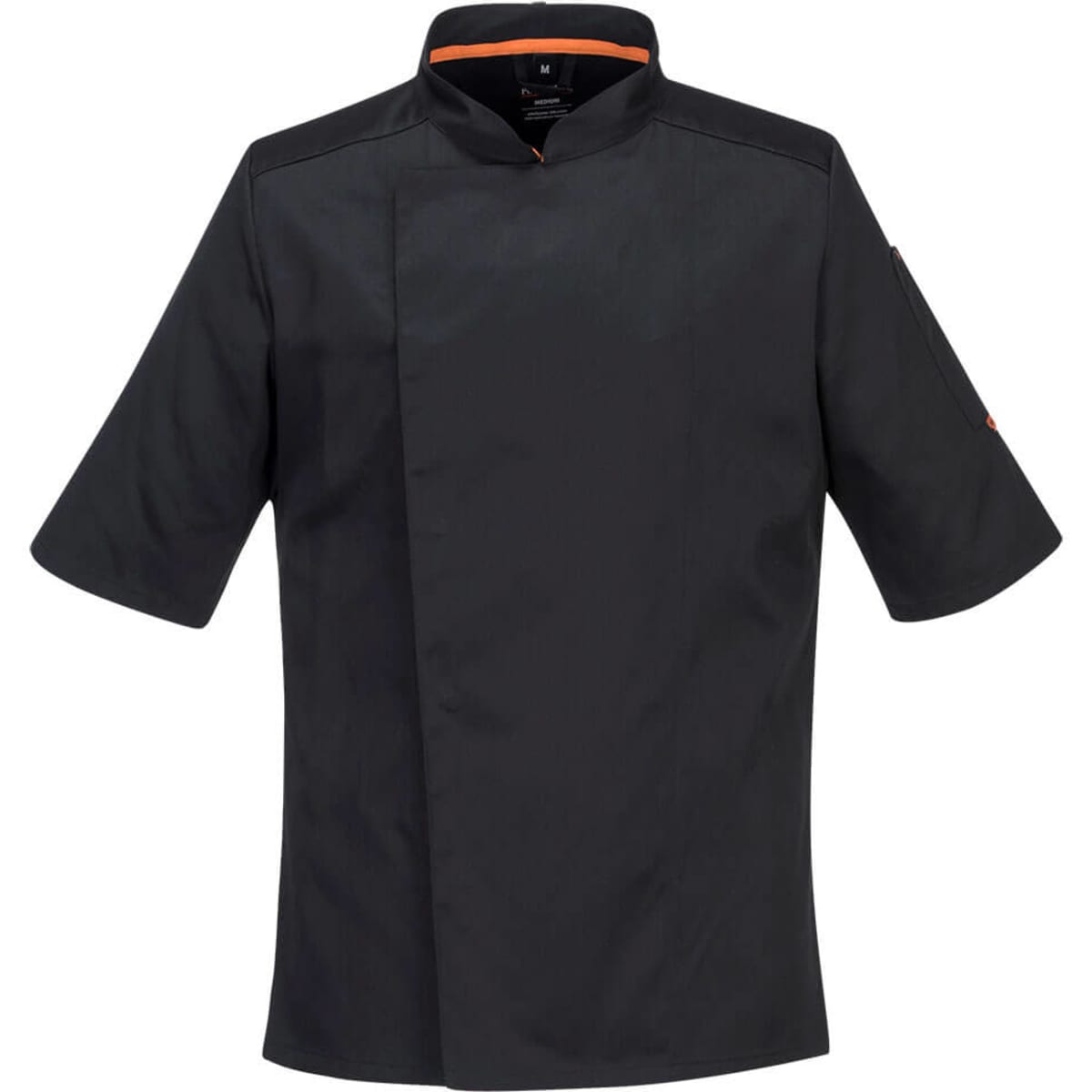 A black chef's jacket with short sleeves and an orange accent, featuring a modern design and a logo on the sleeve.