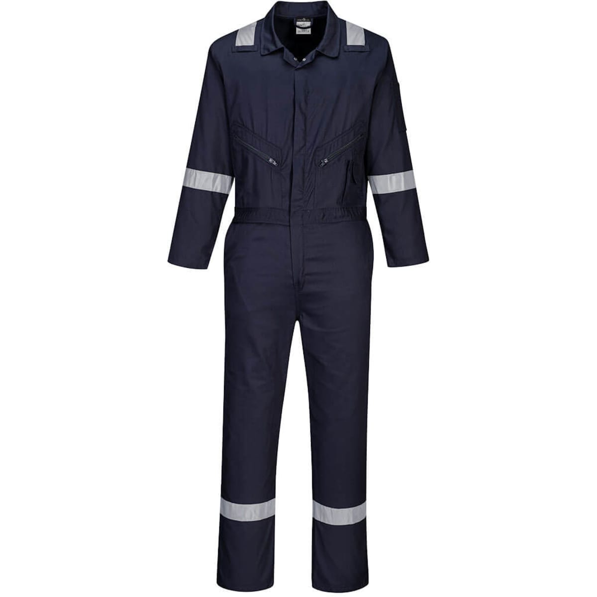 A navy blue coverall featuring reflective stripes, zippers, and two front pockets, with a logo on the chest.