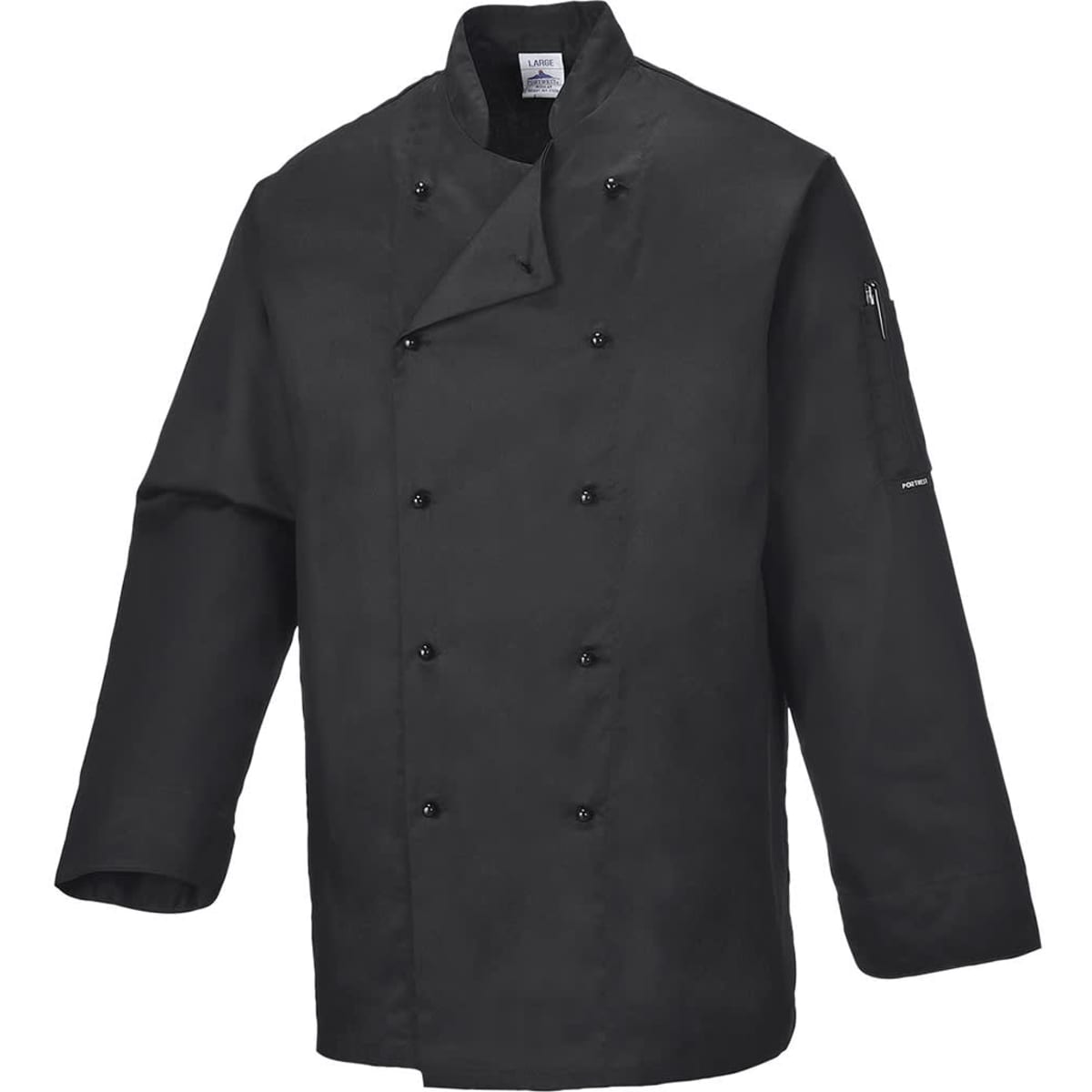 A black chef jacket with a double-breasted design and a zippered pocket on the sleeve. It features a logo.