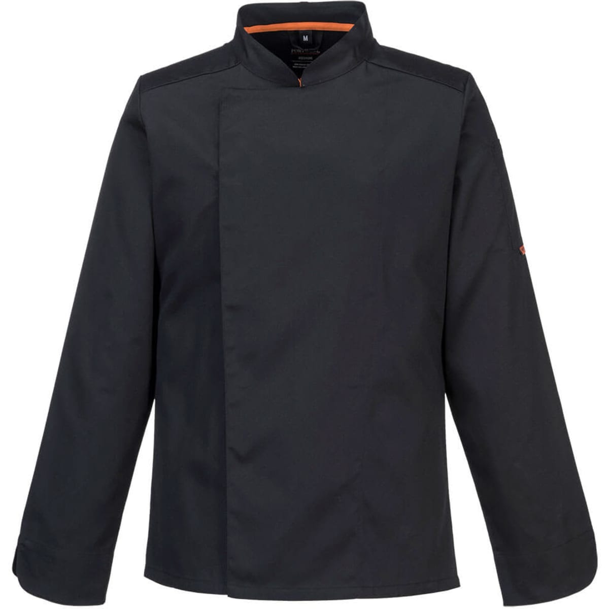 A long-sleeved jacket in black with a mandarin collar and a logo on the sleeve.