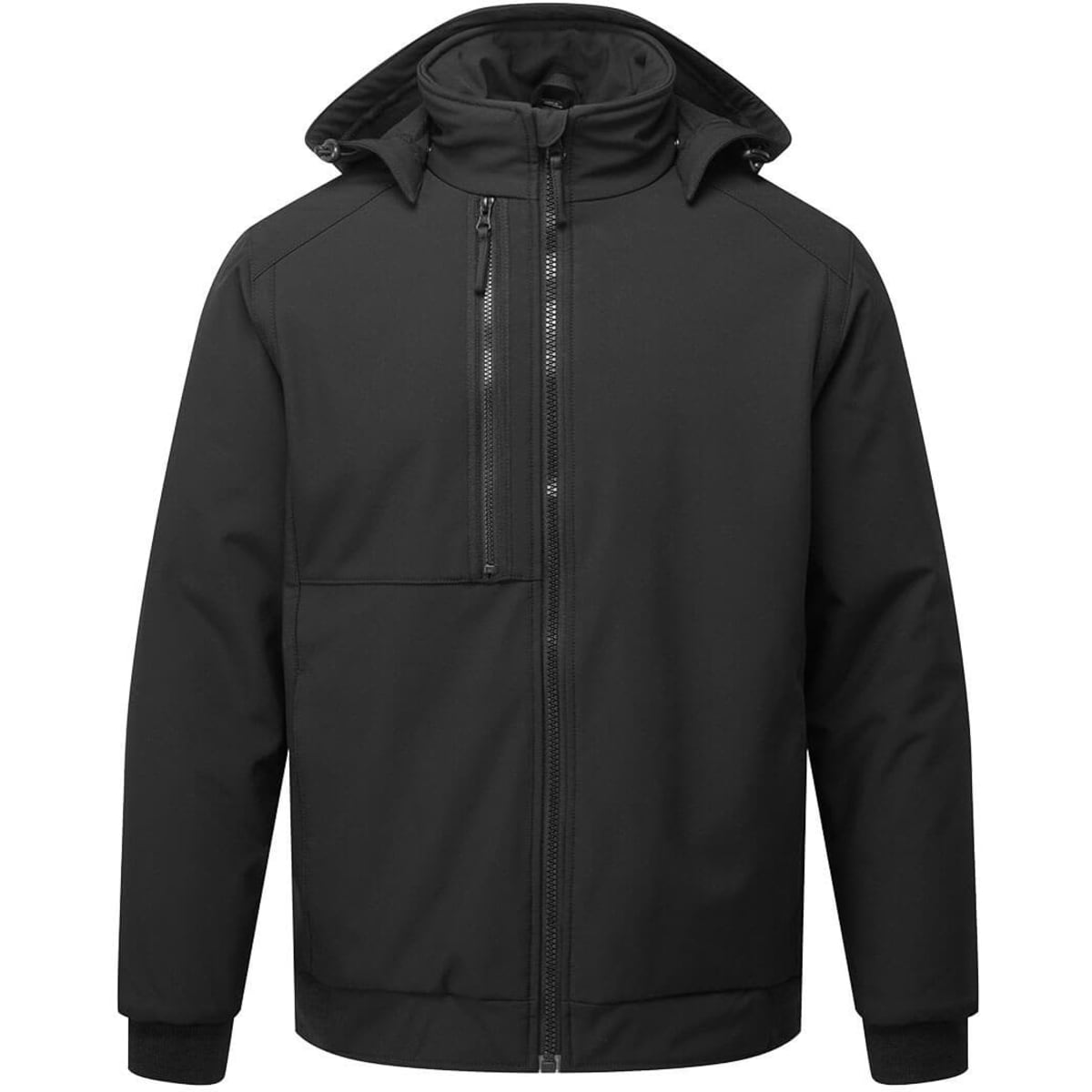 A black insulated softshell jacket featuring a zippered front and a high collar, with a logo on the chest.