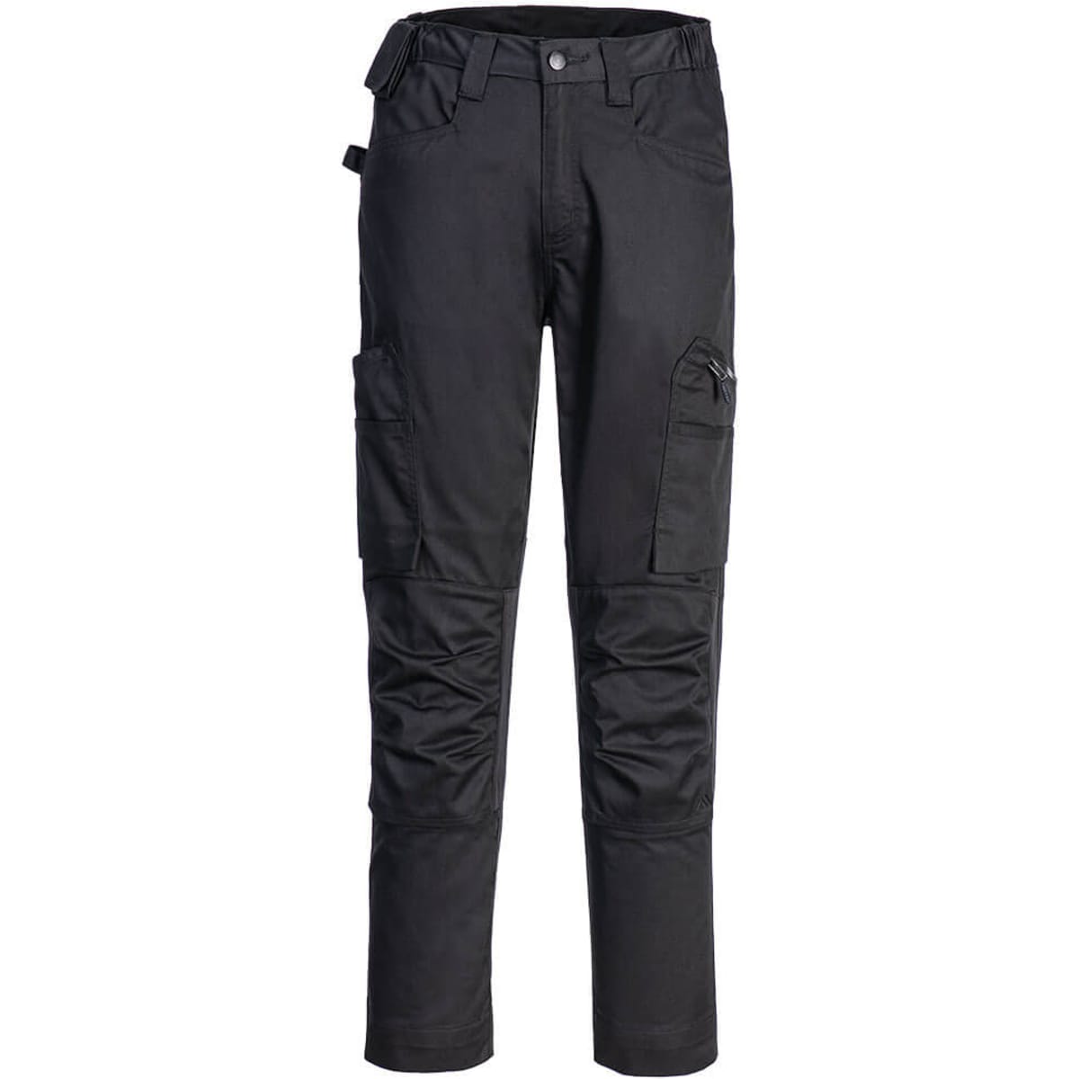 Black eco-stretch trade pants featuring multiple pockets and a belt loop. The pants have a branded logo on them.