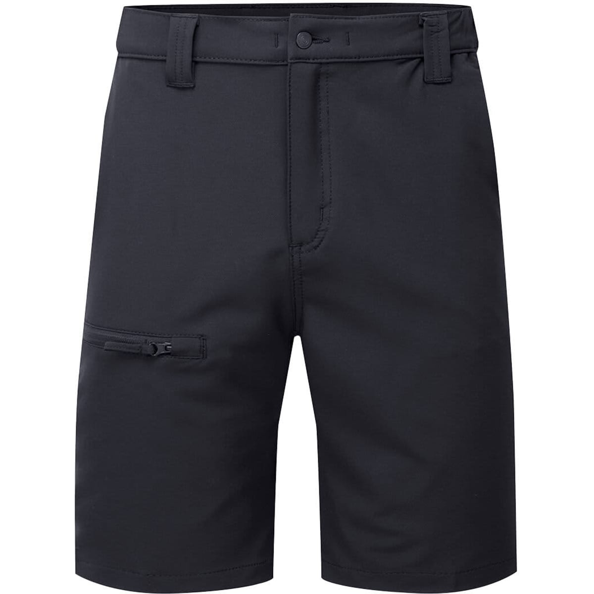 A pair of black eco stretch shorts featuring a front button closure and a zippered side pocket, with a branding logo.