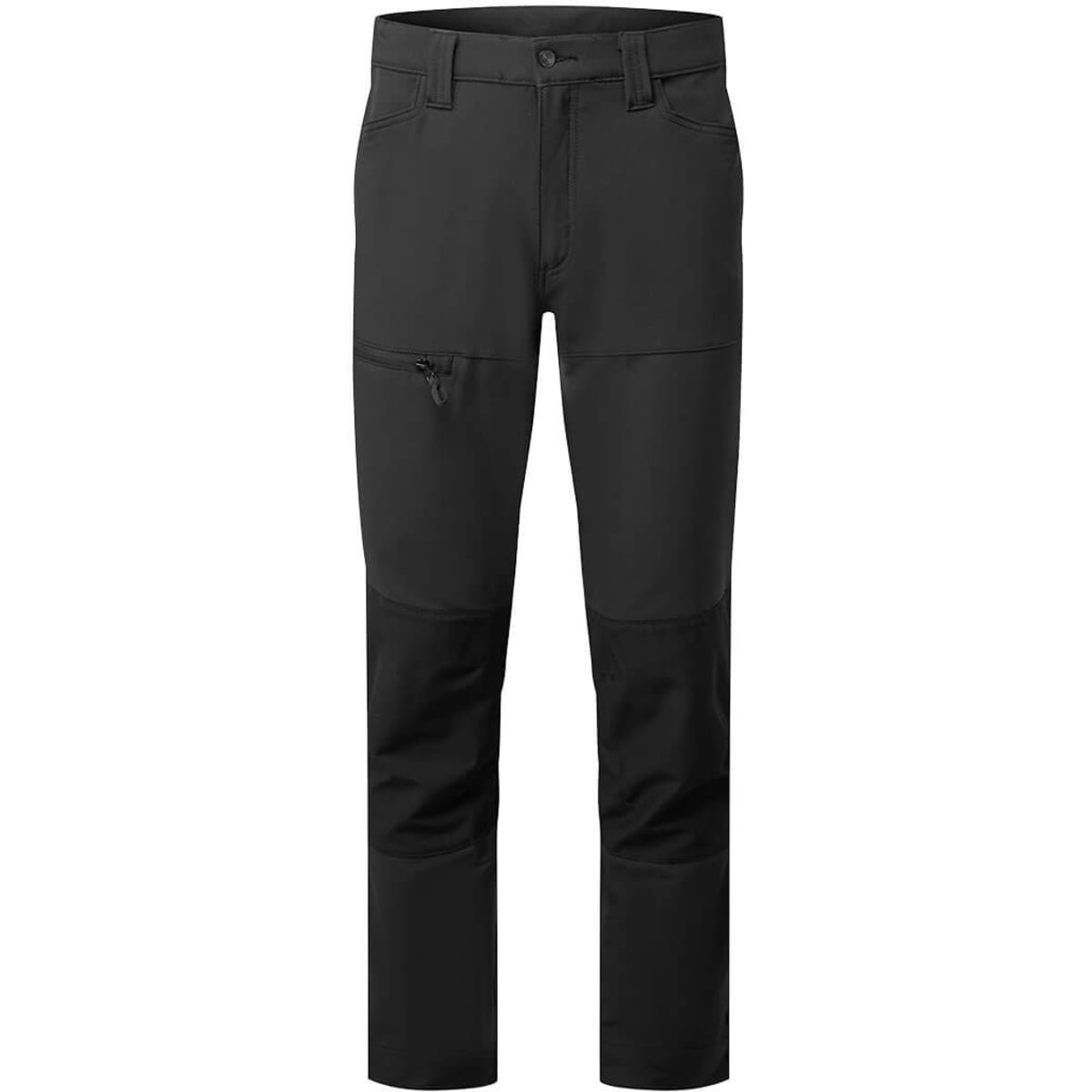 Black work trousers featuring a zippered pocket and varied fabric panels. The design includes a logo on the waistband.