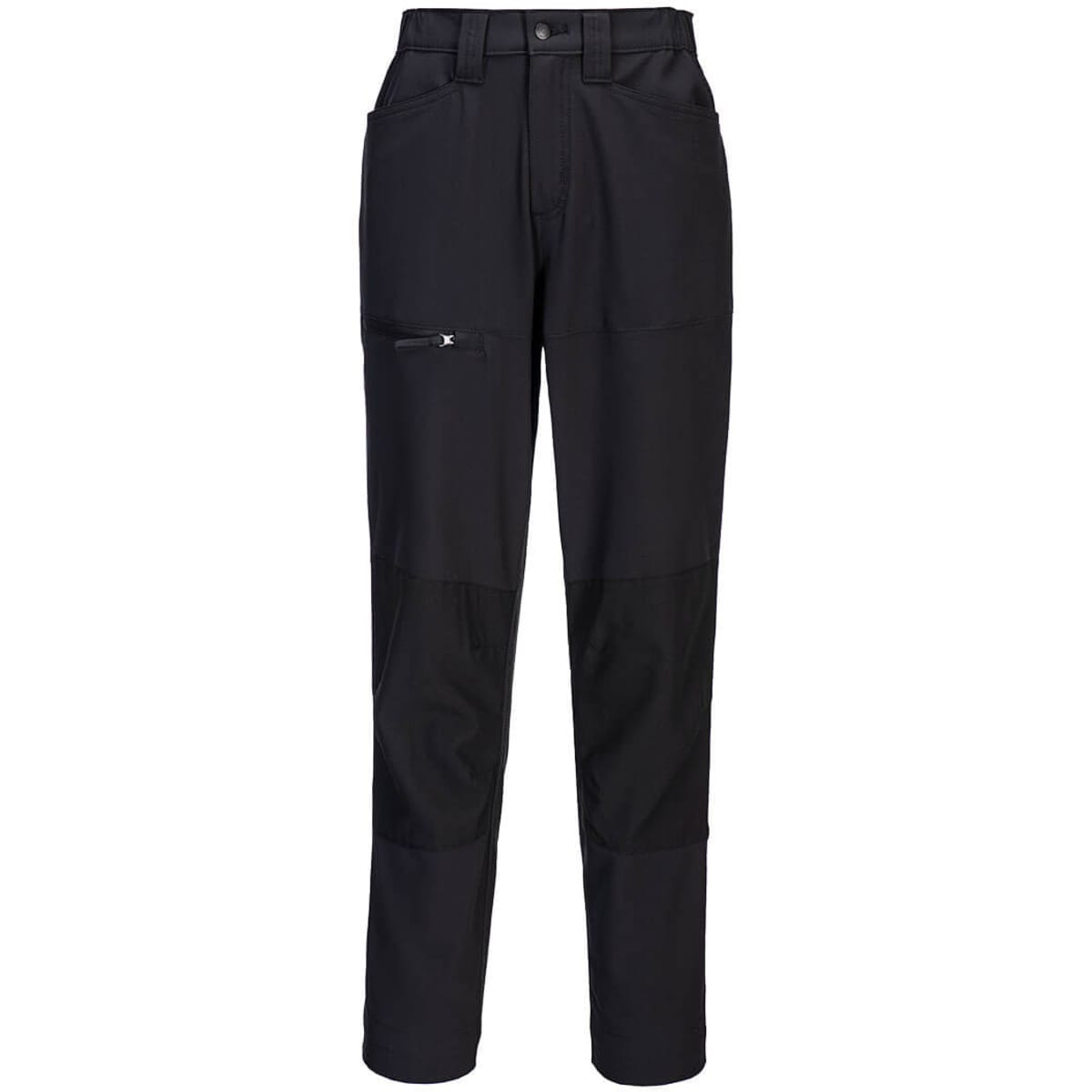 A pair of black women's stretch work pants with a zippered pocket and reinforced knee areas. Includes branding.