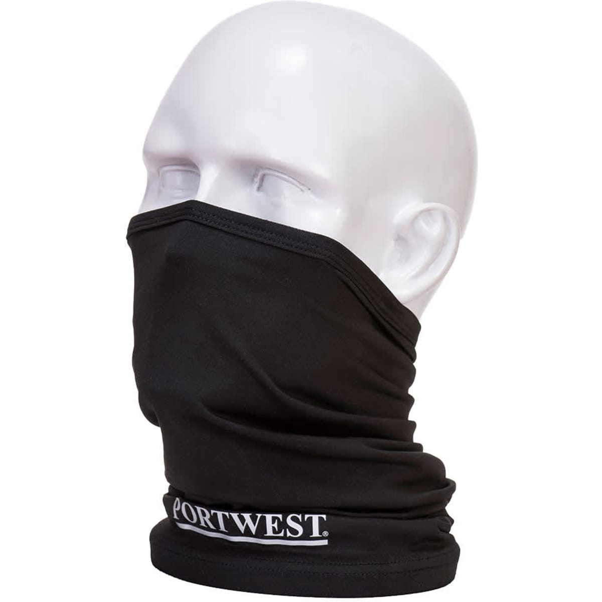 A multiway scarf in black displayed on a mannequin head, featuring a logo on the front.