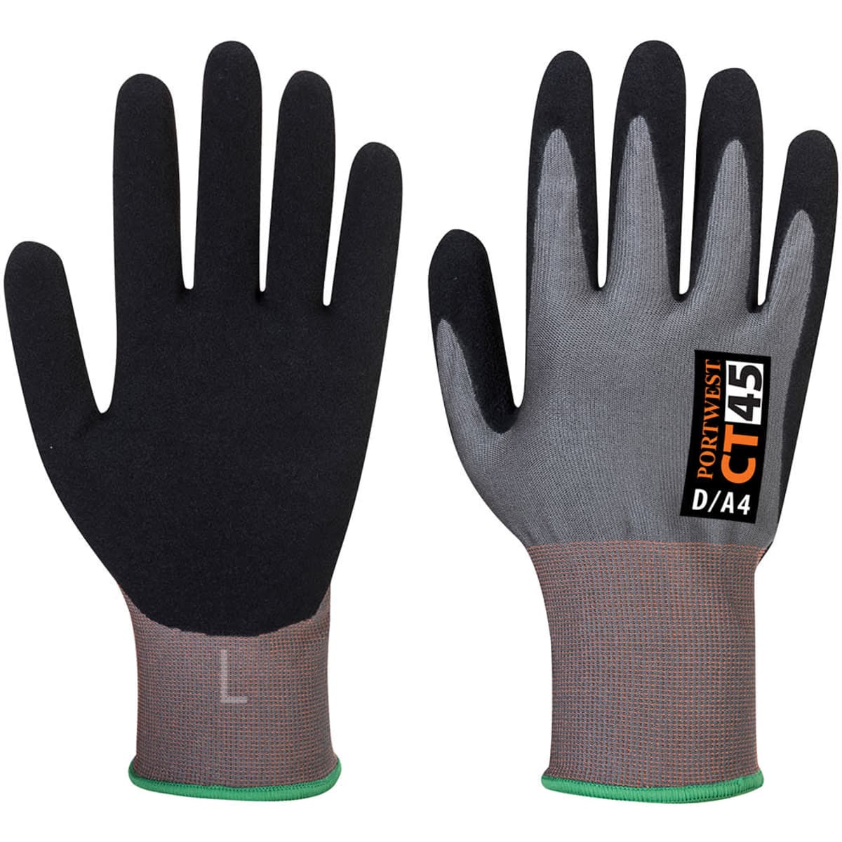 A pair of black and grey gloves with a textured grip and a branded logo on the wrist.