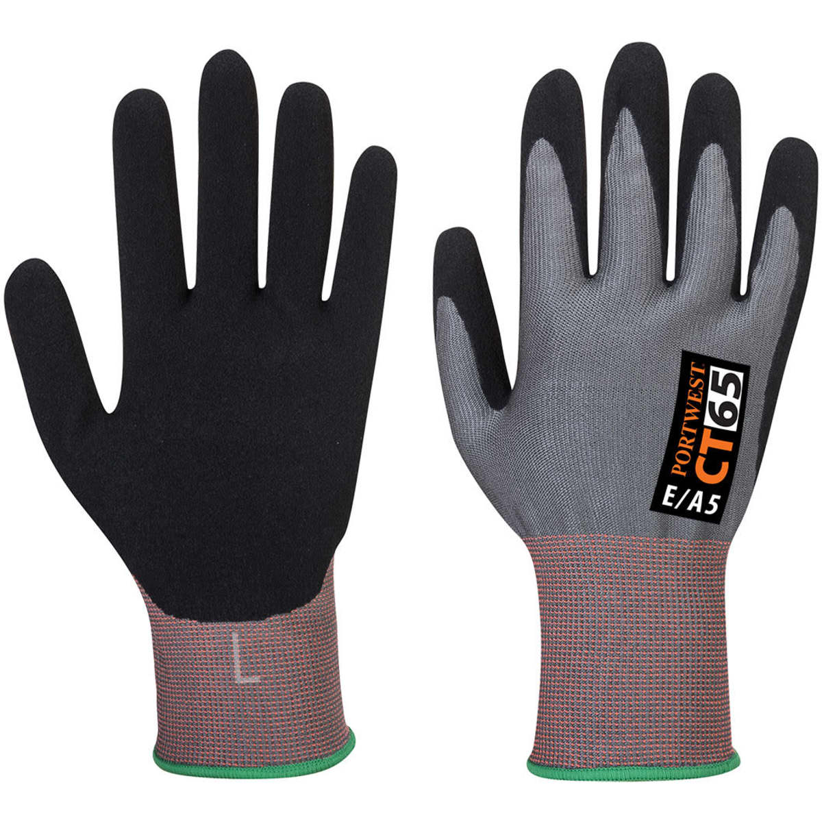A pair of grey and black nitrile foam gloves with a textured grip. The gloves have a logo and branding on one side.