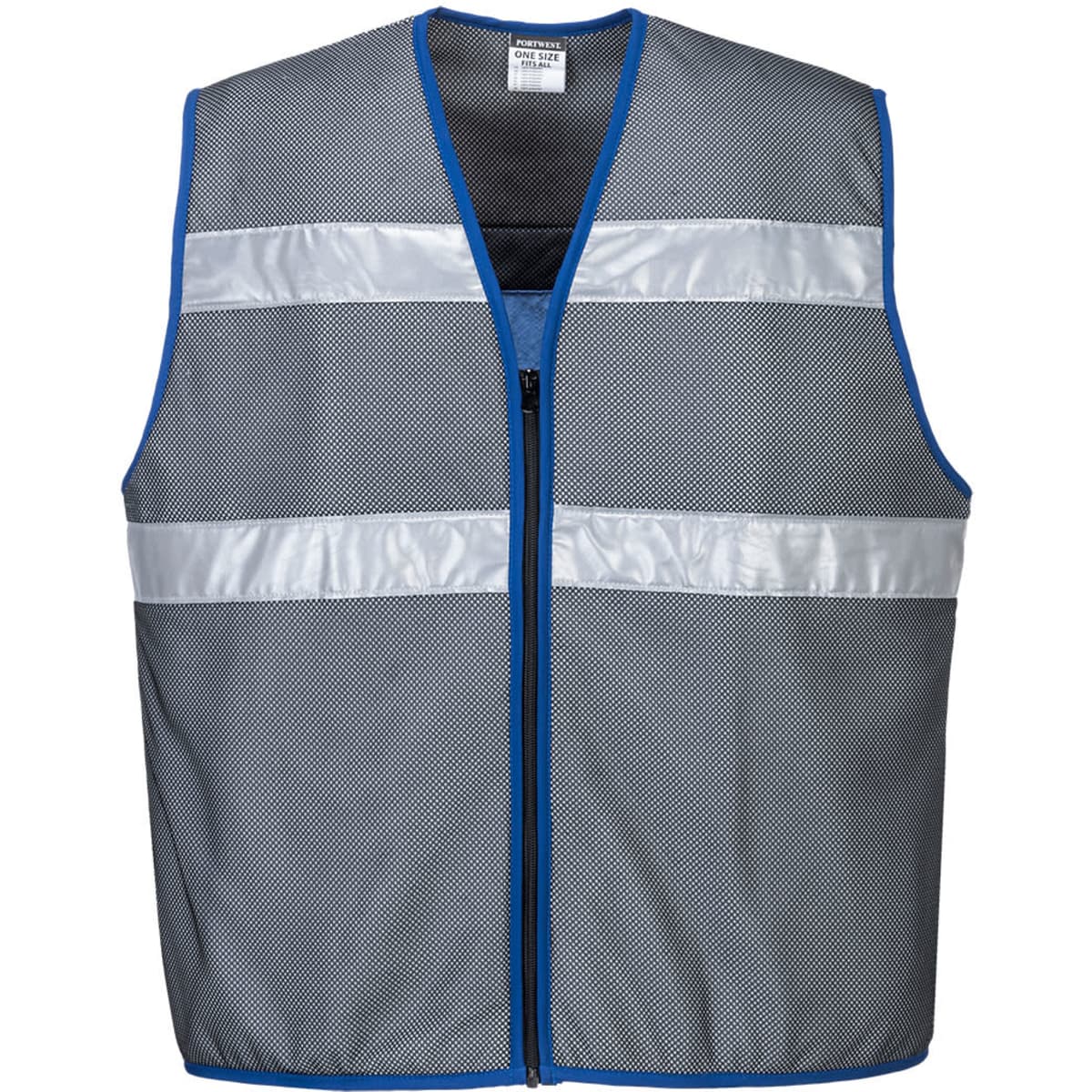 A grey mesh cooling vest with blue trim and reflective strips, featuring a front zipper. Branding is visible.