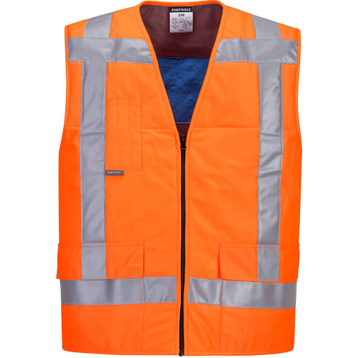 A high-visibility orange cooling vest with reflective stripes and multiple pockets, featuring a logo.