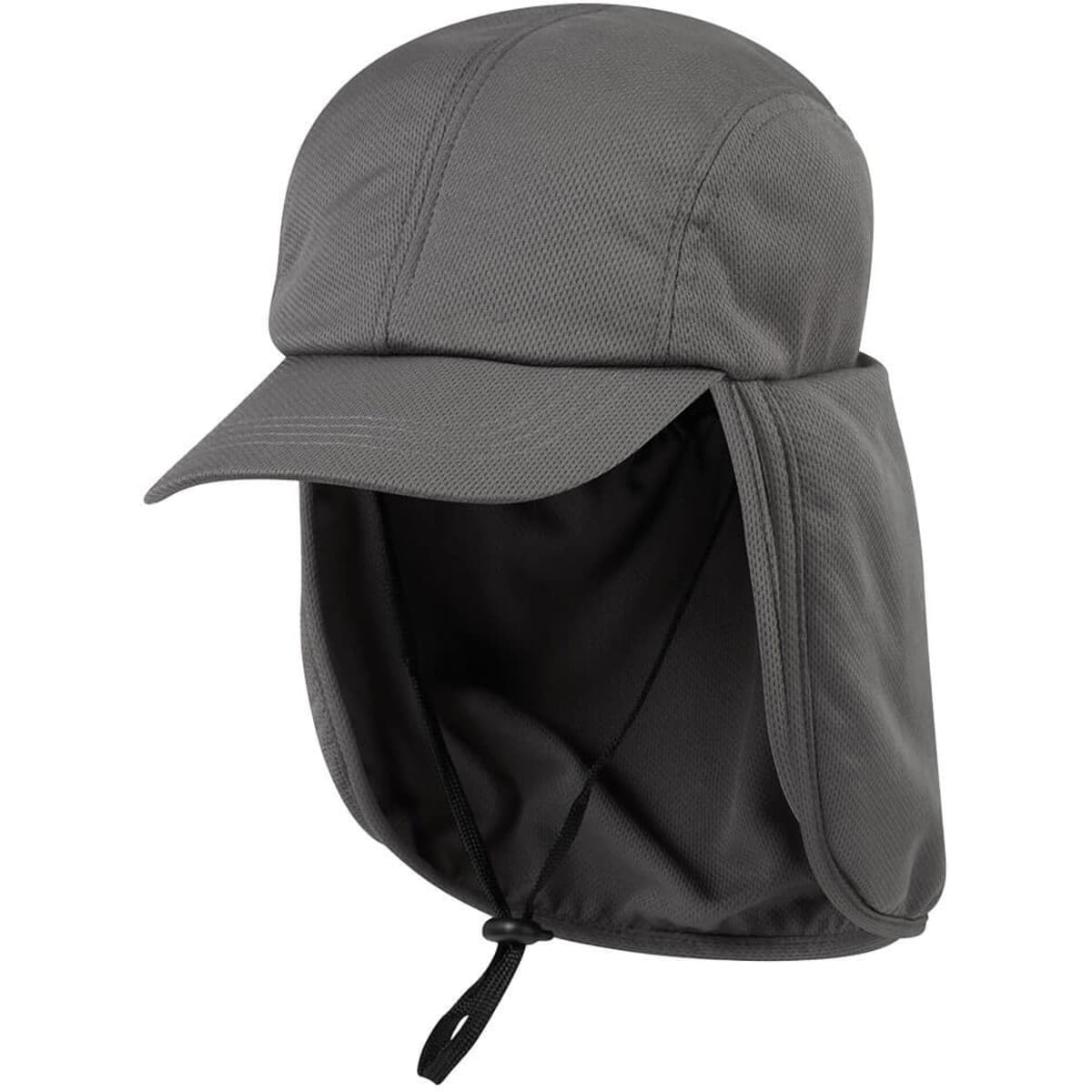 A grey cooling cap with a wide brim and neck flap, featuring a logo on the side.