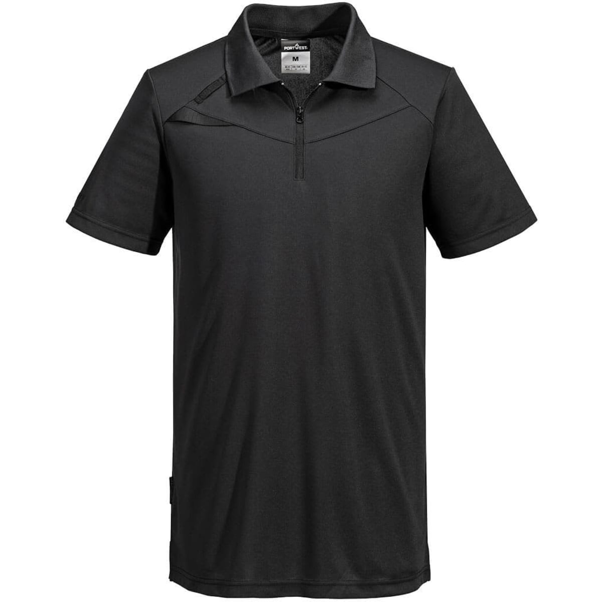 A black short-sleeve polo shirt with a zip collar, featuring a logo on the chest.
