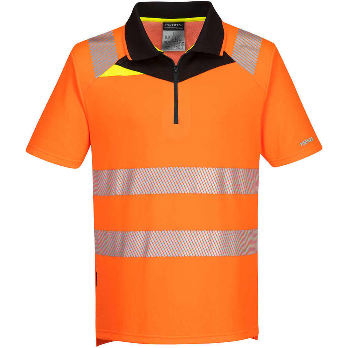 Hi-vis short-sleeve polo shirt in orange with reflective stripes and a black collar. Features a logo branding.
