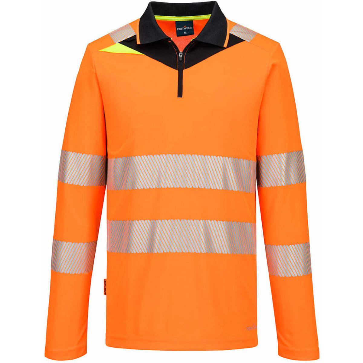 A long-sleeve polo shirt in bright orange with reflective stripes and a black collar. Includes a logo.
