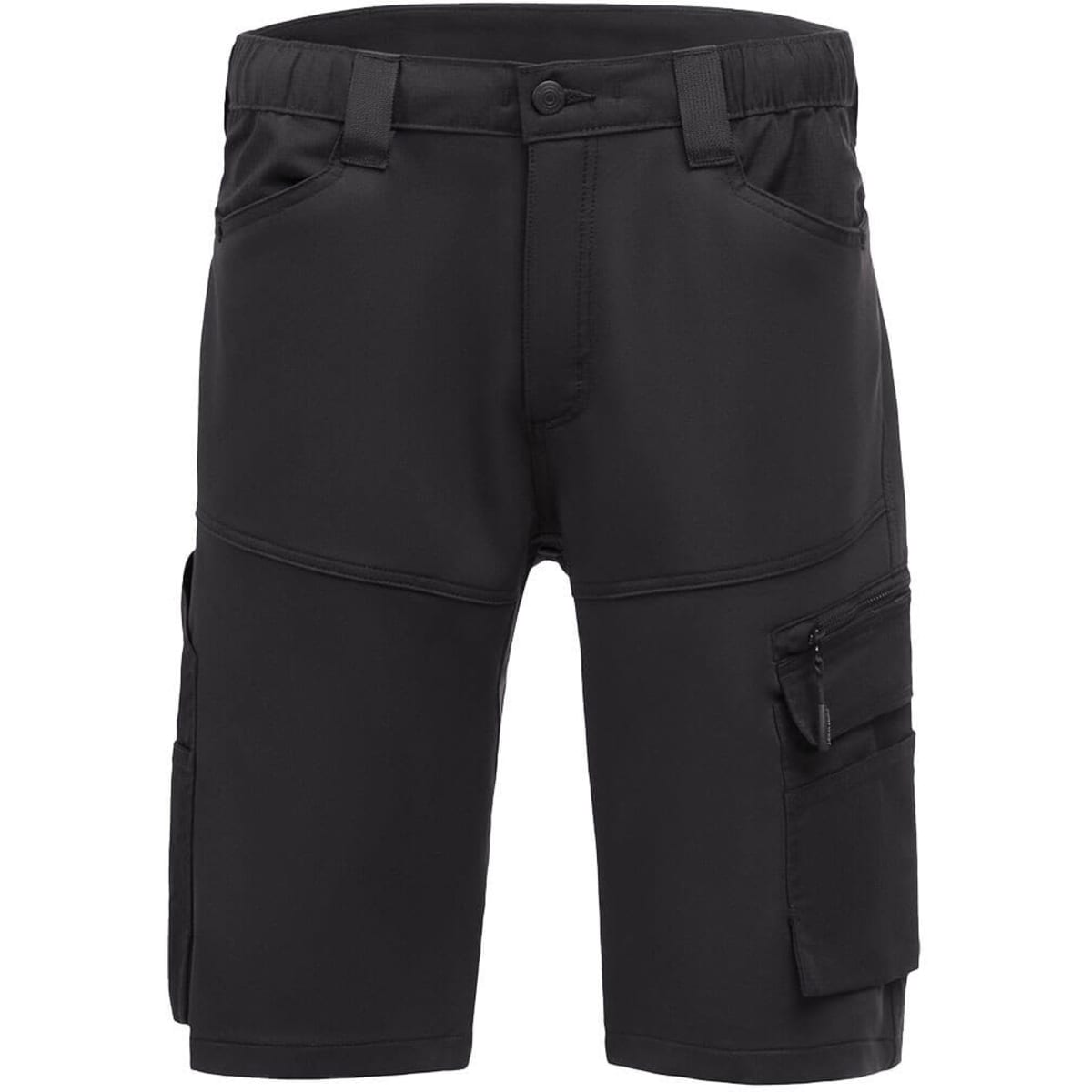 Black trade shorts featuring multiple pockets and a zip closure, designed for practicality and comfort.