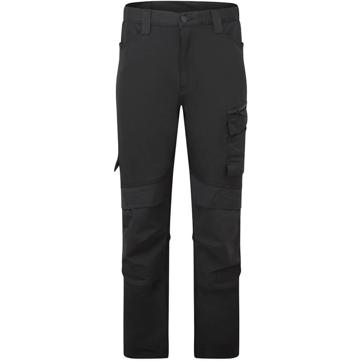 A pair of black trade pants with multiple pockets and reinforced details. Features a logo on the waistband.
