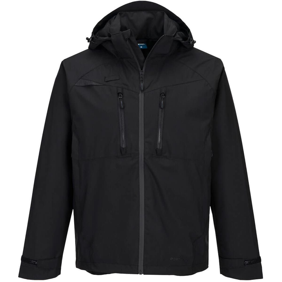 A black rain jacket featuring a hood, two zippered pockets, and adjustable cuffs. It has a logo on the front.